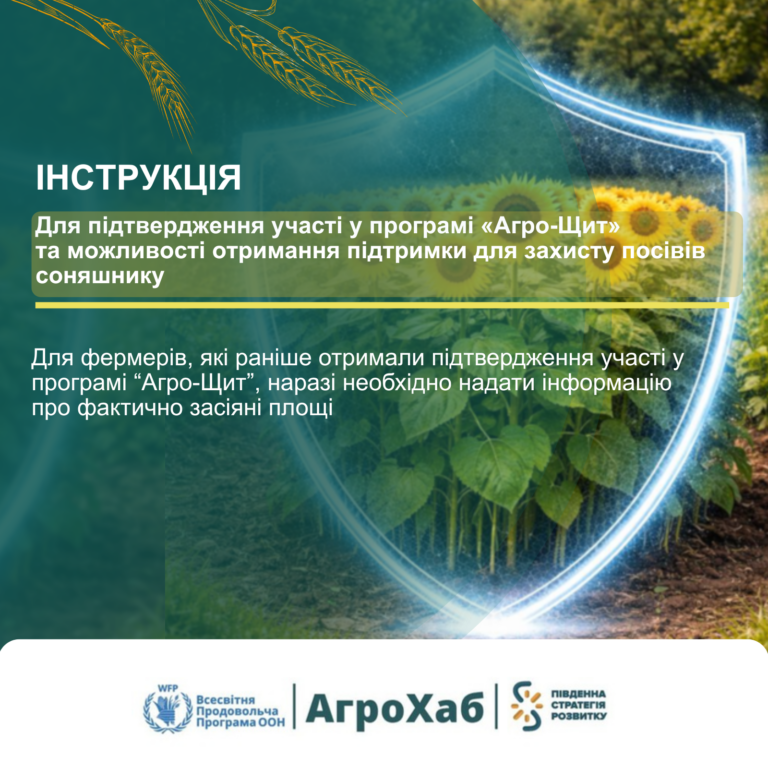 Для підтвердження участі у програмі «Агро-Щит» та можливості отримання підтримки для захисту посівів соняшнику просимо надати інформацію про фактично посіяні площі.
